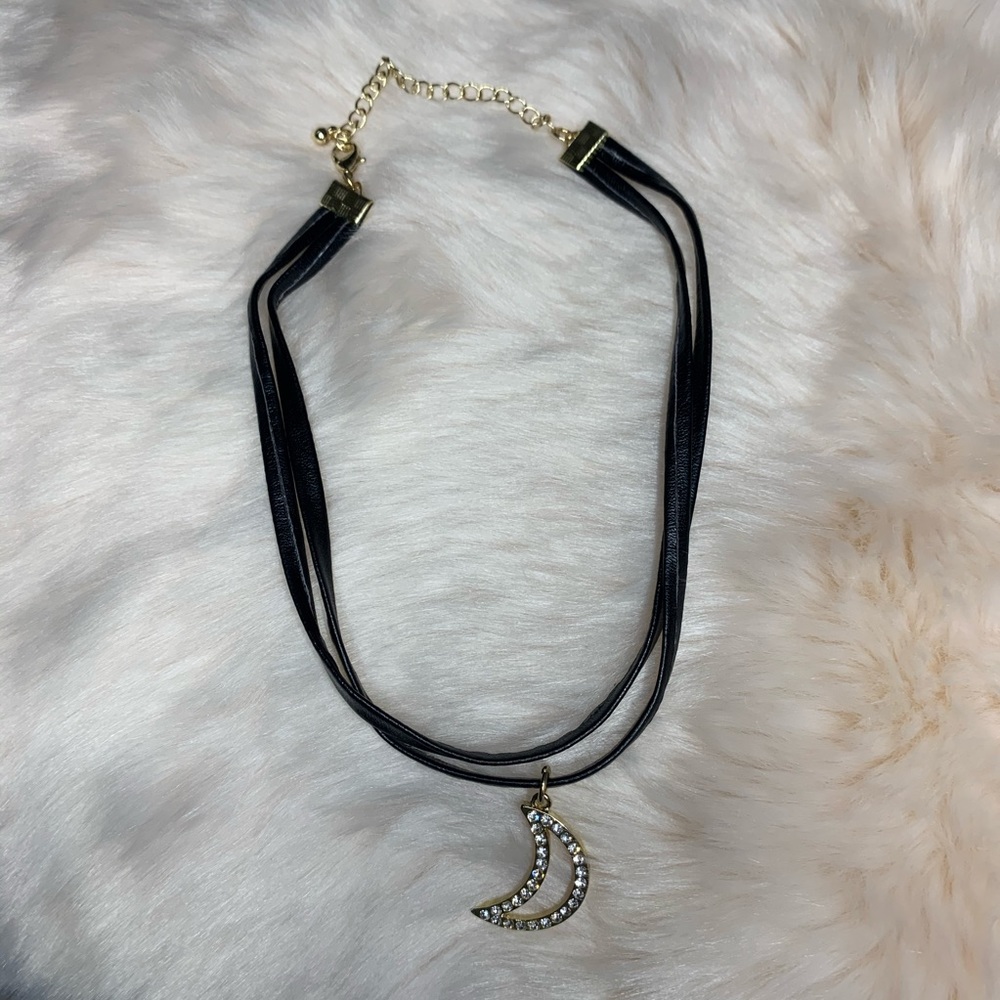 Leather Half Moon Gold Rhinestone Choker Necklace
